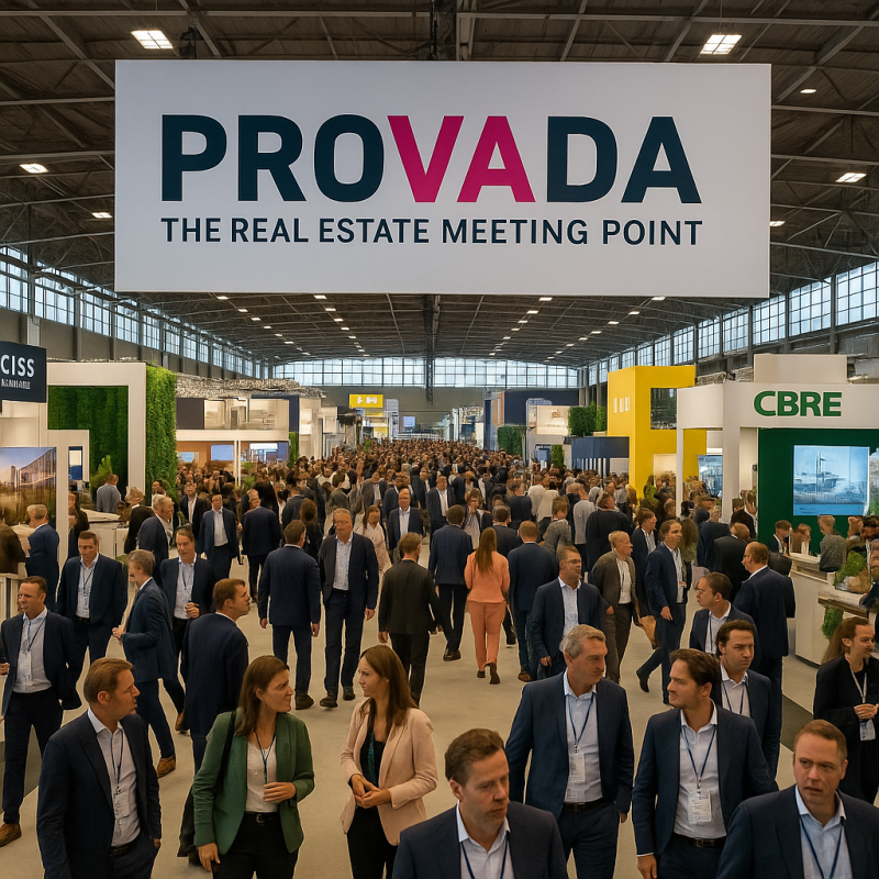 drukke vastgoedbeurs met bezoekers en stands.